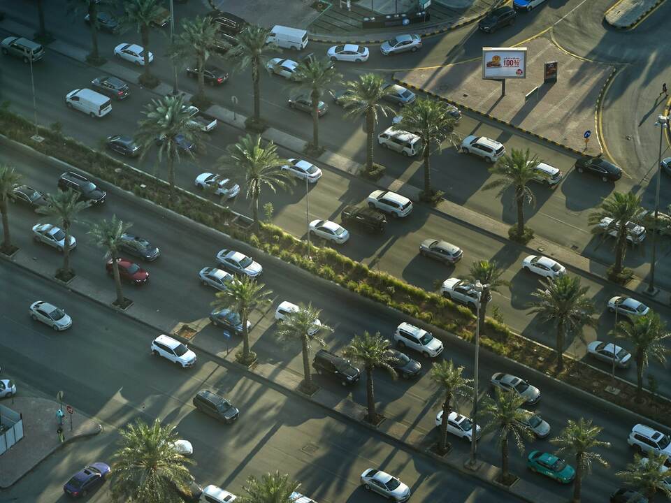 طريق رئيسي تصطف على جانبيه أشجار النخيل من الأعلى